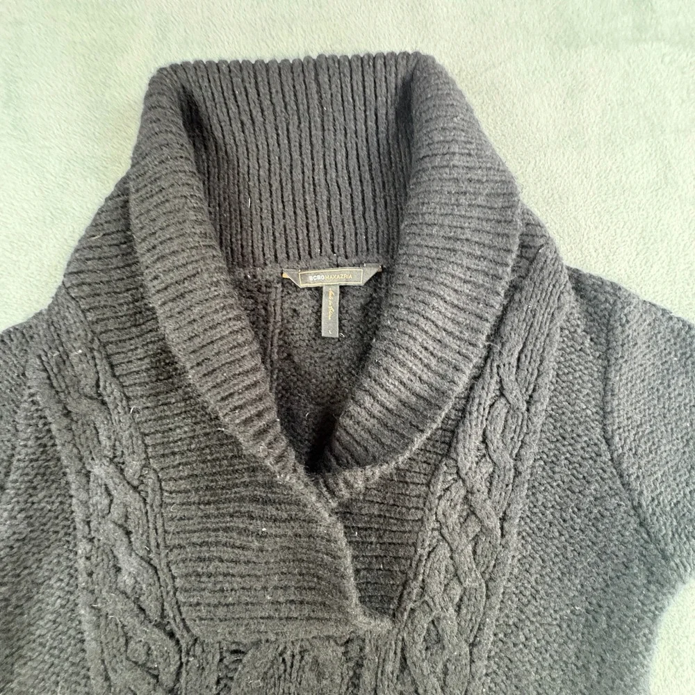 BCBGMAXAZRIA Womens Black Cable Knit‎ Shawl Collar Short Sleeve Sweater Large